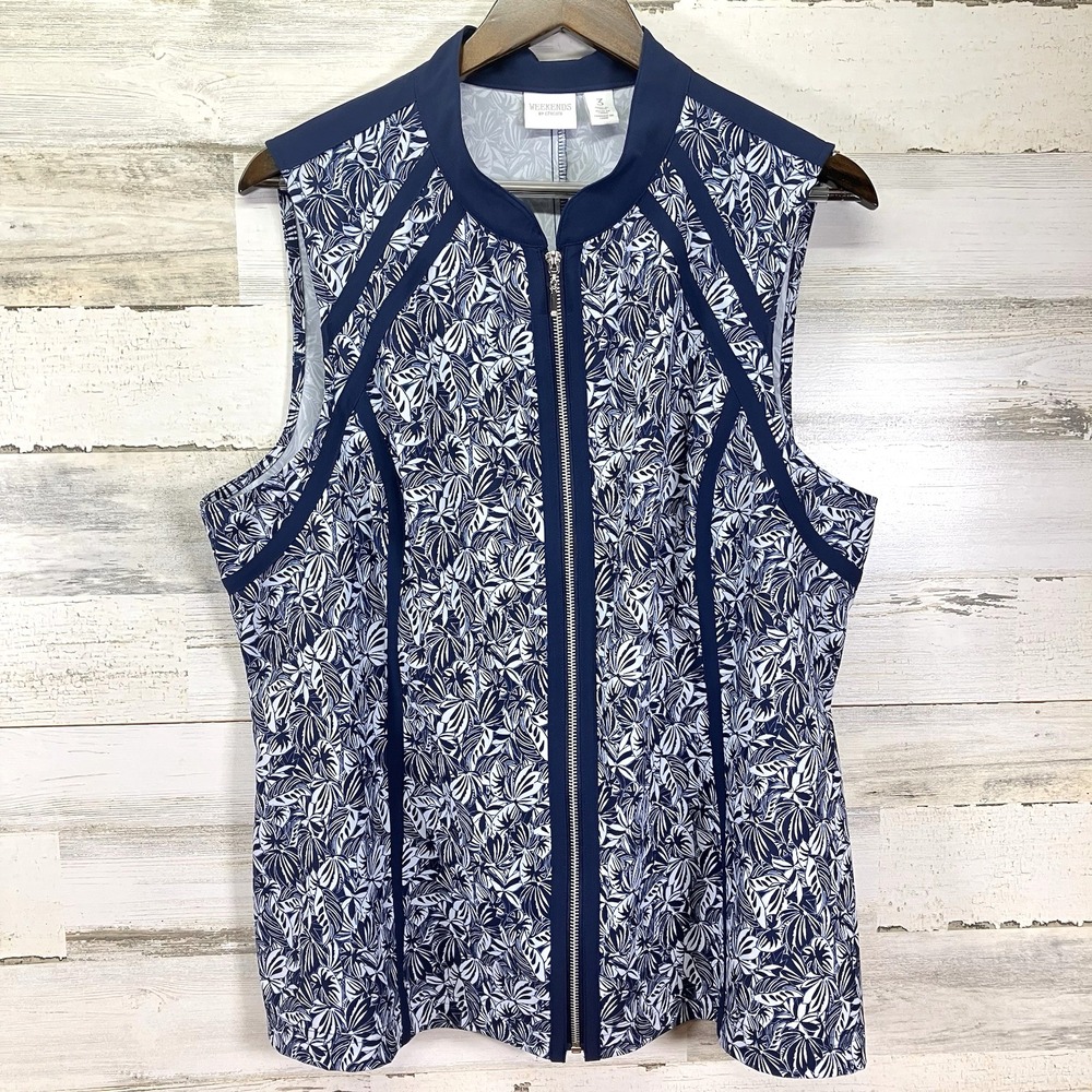 Chicos WEEKENDS Womens Blue/White Floral Leaves Stretch Full Zip Vest Sz 3/US 16